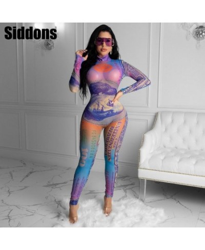 Rich Gyal US Money Dollar Print Jumpsuit Women Sheer Mesh Spliced Long Sleeve Slim Jumpsuit Streetwear Skinny Overalls $42.58...