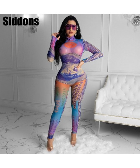 Rich Gyal US Money Dollar Print Jumpsuit Women Sheer Mesh Spliced Long Sleeve Slim Jumpsuit Streetwear Skinny Overalls $42.58...