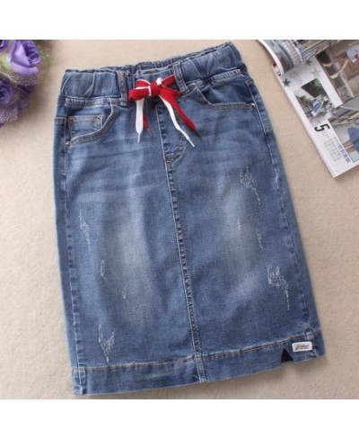 Denim skirt women elastic high waist stretch Slim package hip knee-length jeans skirt $59.54 - Skirts