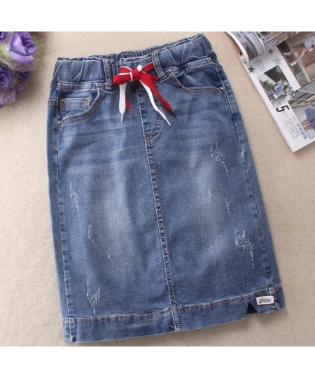 Denim skirt women elastic high waist stretch Slim package hip knee-length jeans skirt $59.54 - Skirts