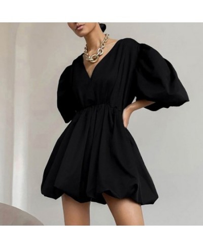 2022 Fashion Casual Short Dresses Women Lantern Sleeve V-Neck Sexy Black Dress Summer Elegant Pleated A-Line Dress Ladies $40...