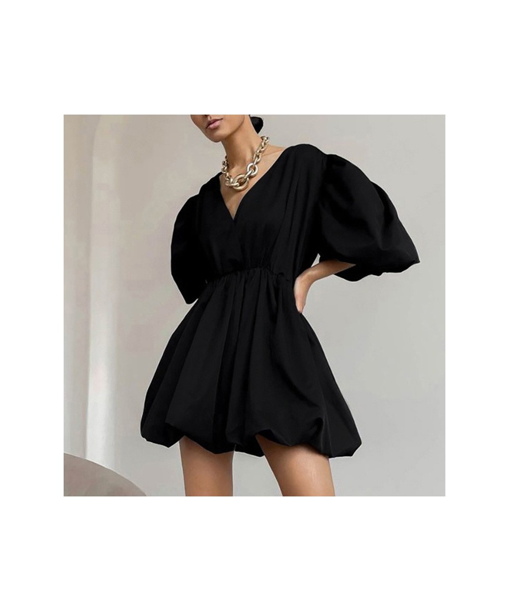 2022 Fashion Casual Short Dresses Women Lantern Sleeve V-Neck Sexy Black Dress Summer Elegant Pleated A-Line Dress Ladies $40...