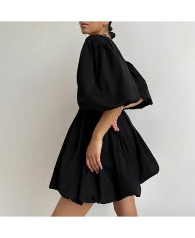 2022 Fashion Casual Short Dresses Women Lantern Sleeve V-Neck Sexy Black Dress Summer Elegant Pleated A-Line Dress Ladies $40...