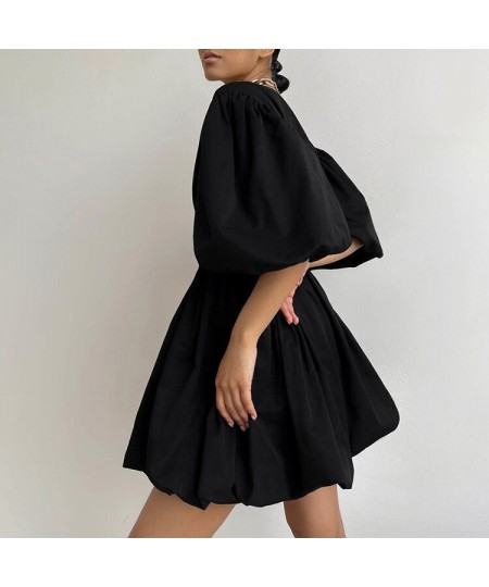 2022 Fashion Casual Short Dresses Women Lantern Sleeve V-Neck Sexy Black Dress Summer Elegant Pleated A-Line Dress Ladies $40...