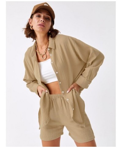 Khaki Cotton Sleepwear Women Sets Single-Breasted Two-Piece Set Turn Down Collar Loungewear Loose Long Sleeve Short Sets $41....