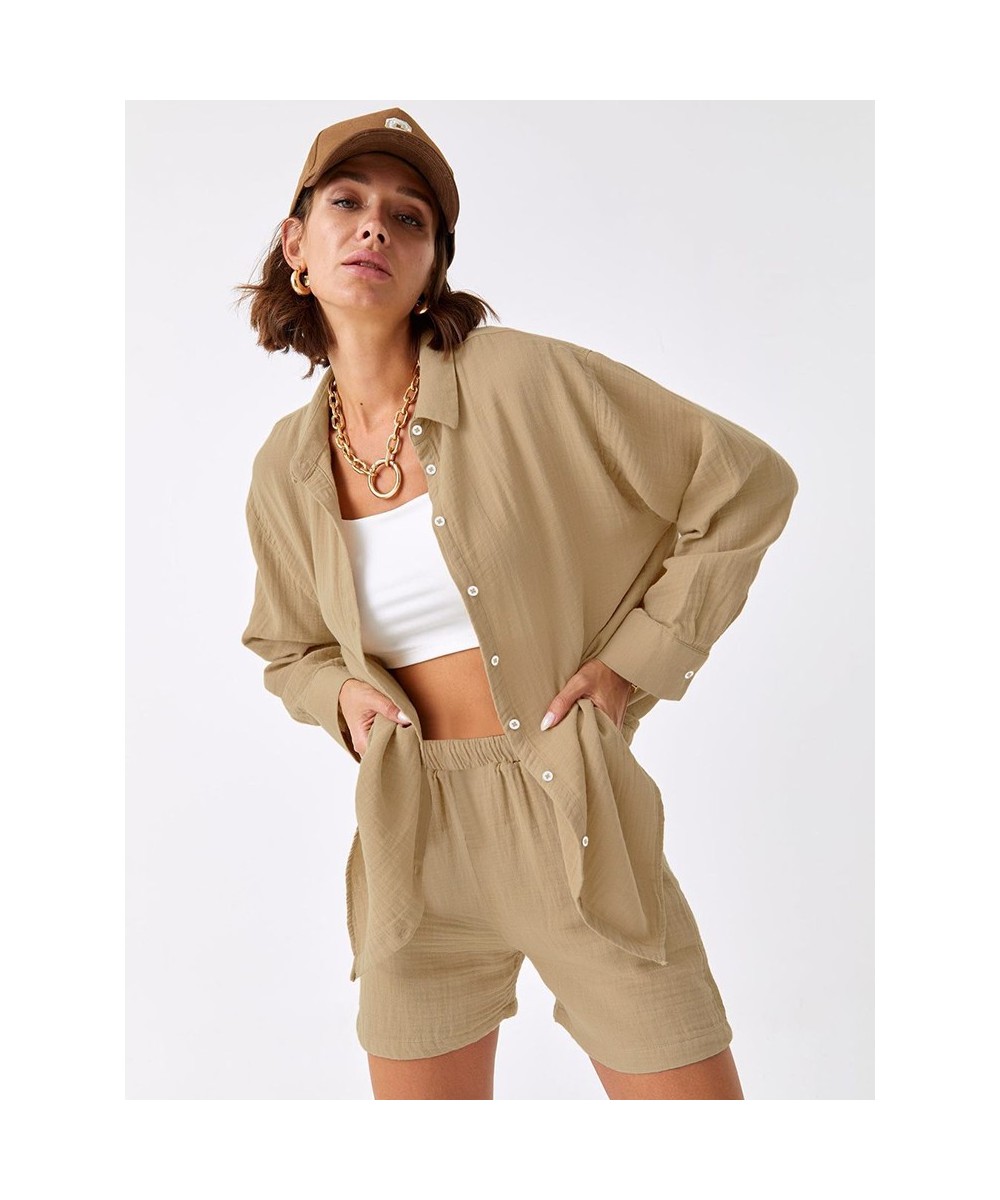 Khaki Cotton Sleepwear Women Sets Single-Breasted Two-Piece Set Turn Down Collar Loungewear Loose Long Sleeve Short Sets $41....