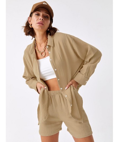 Khaki Cotton Sleepwear Women Sets Single-Breasted Two-Piece Set Turn Down Collar Loungewear Loose Long Sleeve Short Sets $41....