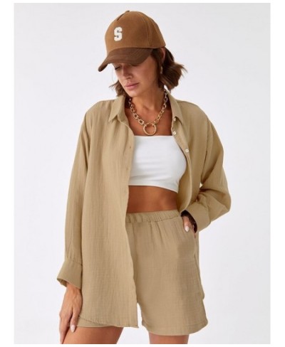 Khaki Cotton Sleepwear Women Sets Single-Breasted Two-Piece Set Turn Down Collar Loungewear Loose Long Sleeve Short Sets $41....