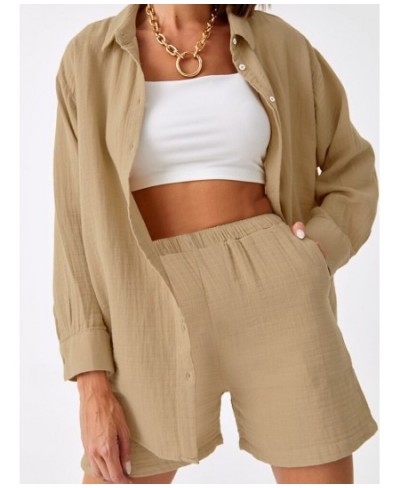 Khaki Cotton Sleepwear Women Sets Single-Breasted Two-Piece Set Turn Down Collar Loungewear Loose Long Sleeve Short Sets $41....