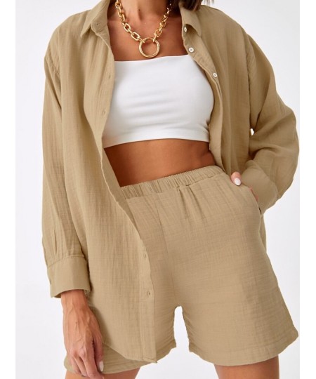 Khaki Cotton Sleepwear Women Sets Single-Breasted Two-Piece Set Turn Down Collar Loungewear Loose Long Sleeve Short Sets $41....