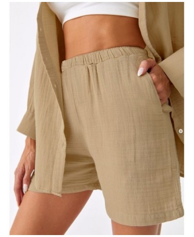 Khaki Cotton Sleepwear Women Sets Single-Breasted Two-Piece Set Turn Down Collar Loungewear Loose Long Sleeve Short Sets $41....