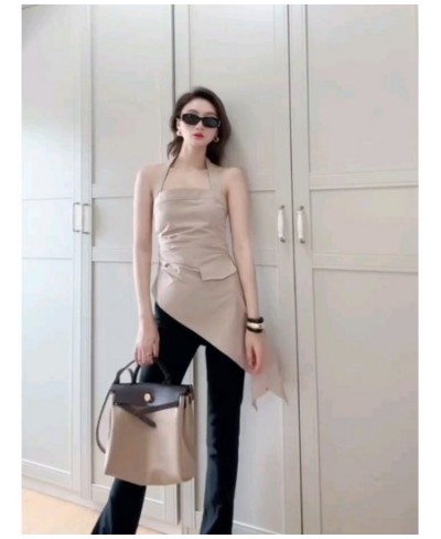 2023 Summer Women Irregular Halter top Khaki High street Sleeveless Backless ruched shirt female Sexy club clothes 3T039 $35....