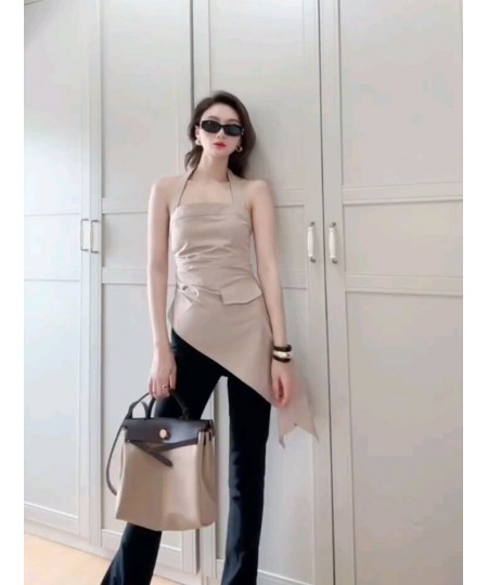 2023 Summer Women Irregular Halter top Khaki High street Sleeveless Backless ruched shirt female Sexy club clothes 3T039 $35....