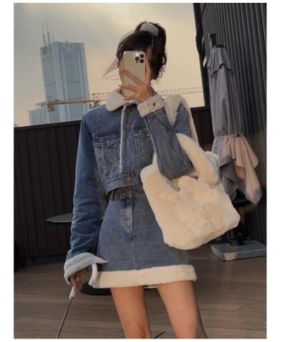 Autumn Winter Denim Skirt Suits 2023 Denim Imitation Lamb Jeans Coat Women High Sense High Street Sweet Cool Two Piece Set $8...