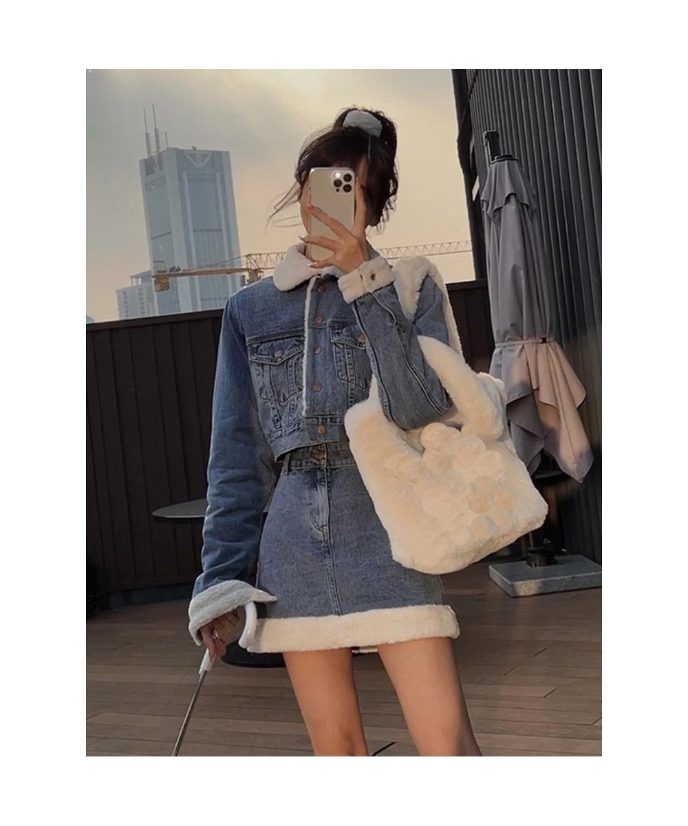 Autumn Winter Denim Skirt Suits 2023 Denim Imitation Lamb Jeans Coat Women High Sense High Street Sweet Cool Two Piece Set $8...