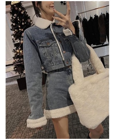 Autumn Winter Denim Skirt Suits 2023 Denim Imitation Lamb Jeans Coat Women High Sense High Street Sweet Cool Two Piece Set $8...