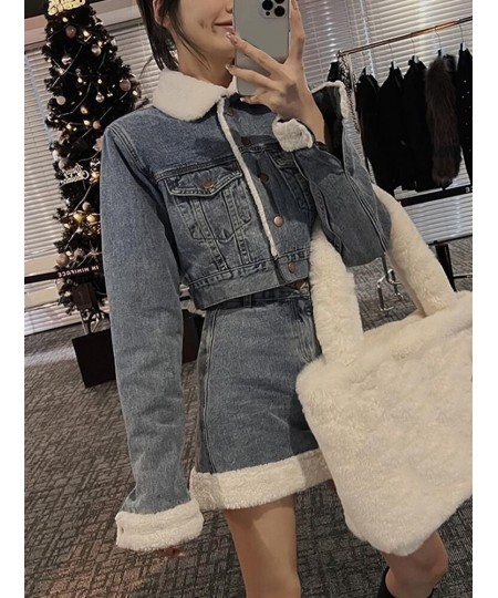 Autumn Winter Denim Skirt Suits 2023 Denim Imitation Lamb Jeans Coat Women High Sense High Street Sweet Cool Two Piece Set $8...