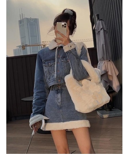 Autumn Winter Denim Skirt Suits 2023 Denim Imitation Lamb Jeans Coat Women High Sense High Street Sweet Cool Two Piece Set $8...