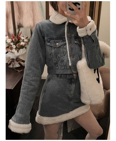 Autumn Winter Denim Skirt Suits 2023 Denim Imitation Lamb Jeans Coat Women High Sense High Street Sweet Cool Two Piece Set $8...