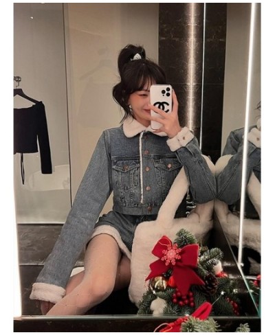 Autumn Winter Denim Skirt Suits 2023 Denim Imitation Lamb Jeans Coat Women High Sense High Street Sweet Cool Two Piece Set $8...