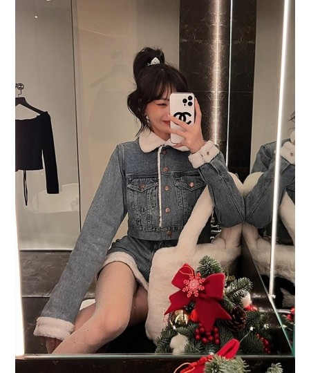 Autumn Winter Denim Skirt Suits 2023 Denim Imitation Lamb Jeans Coat Women High Sense High Street Sweet Cool Two Piece Set $8...