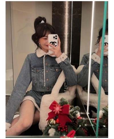 Autumn Winter Denim Skirt Suits 2023 Denim Imitation Lamb Jeans Coat Women High Sense High Street Sweet Cool Two Piece Set $8...