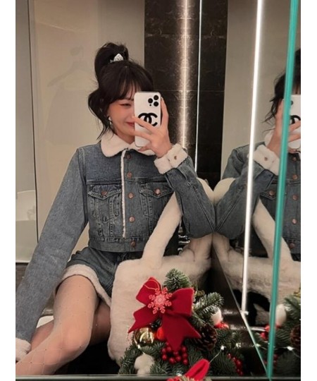 Autumn Winter Denim Skirt Suits 2023 Denim Imitation Lamb Jeans Coat Women High Sense High Street Sweet Cool Two Piece Set $8...