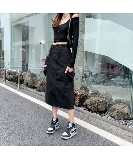 High Waist Cargo Long Skirt 2023 New Fashion Vintage Drawstring Loose Skirts for Women Casual Straight Split Skirt $56.22 - B...