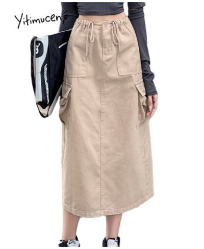 High Waist Cargo Long Skirt 2023 New Fashion Vintage Drawstring Loose Skirts for Women Casual Straight Split Skirt $56.22 - B...