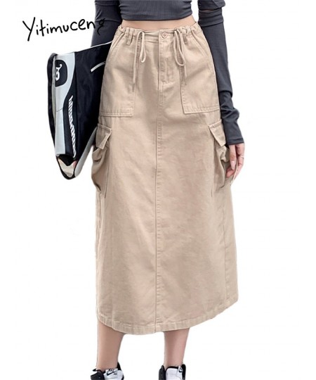 High Waist Cargo Long Skirt 2023 New Fashion Vintage Drawstring Loose Skirts for Women Casual Straight Split Skirt $56.22 - B...