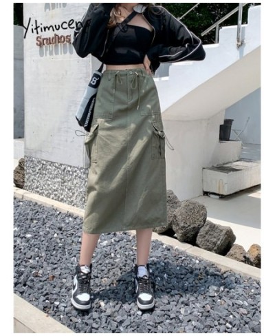 High Waist Cargo Long Skirt 2023 New Fashion Vintage Drawstring Loose Skirts for Women Casual Straight Split Skirt $56.22 - B...