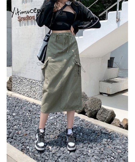 High Waist Cargo Long Skirt 2023 New Fashion Vintage Drawstring Loose Skirts for Women Casual Straight Split Skirt $56.22 - B...