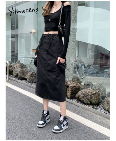 High Waist Cargo Long Skirt 2023 New Fashion Vintage Drawstring Loose Skirts for Women Casual Straight Split Skirt $56.22 - B...