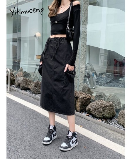 High Waist Cargo Long Skirt 2023 New Fashion Vintage Drawstring Loose Skirts for Women Casual Straight Split Skirt $56.22 - B...