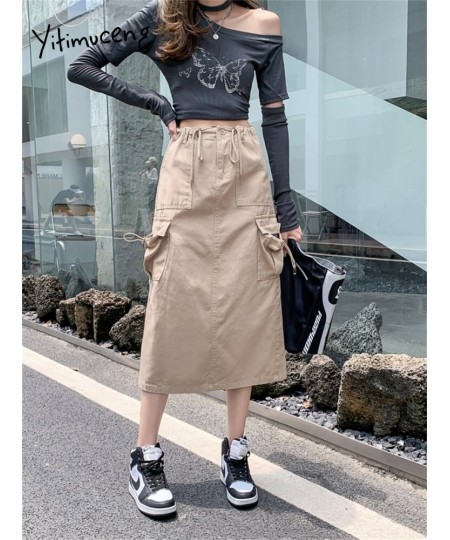 High Waist Cargo Long Skirt 2023 New Fashion Vintage Drawstring Loose Skirts for Women Casual Straight Split Skirt $56.22 - B...