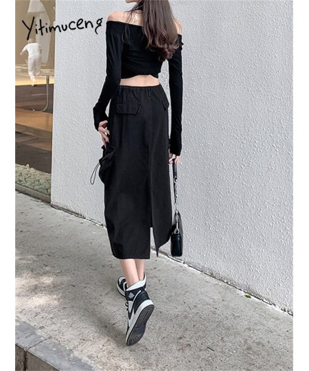 High Waist Cargo Long Skirt 2023 New Fashion Vintage Drawstring Loose Skirts for Women Casual Straight Split Skirt $56.22 - B...