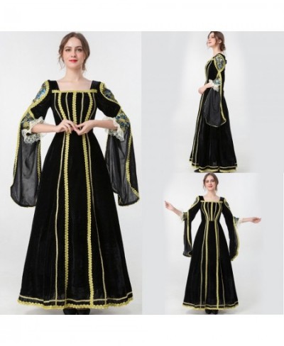 Halloween Women European Medieval Court Fancy Cosplay Costume Carnival Vintage Strapless Long Sleeve Queen Elegant Dress @25 ...