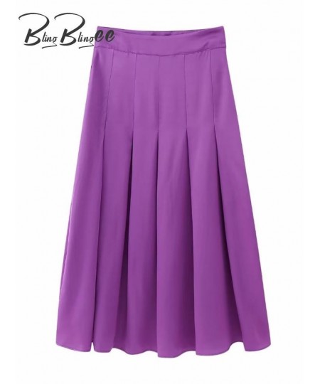 Summer Fashion Pleated Women A-Line Skirts Thin Style Zipper Side High Waisted Satin Female Midi Long Skirt $53.49 - Skirts