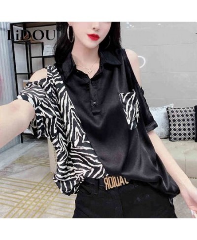 Summer New Streetwear Leopard Patchwork Off Shoulder Pullover Blouse Ladies Polo-neck Short Sleeve Shirt Top Women's Clothing...