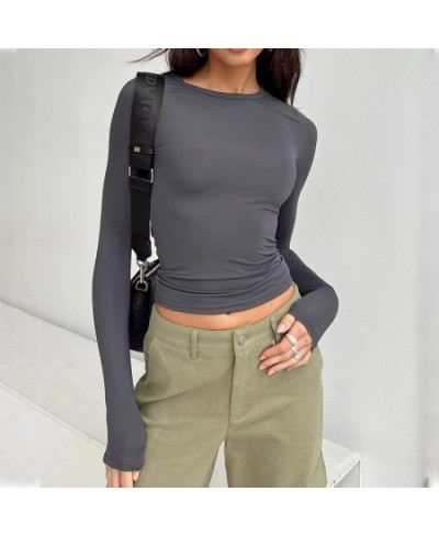 Women Long Sleeve T-Shirts Streetwear Casual Slim Fit Solid Spring Autumn Base Tees Female Pullovers Grey Fashion Y2K Tops $2...