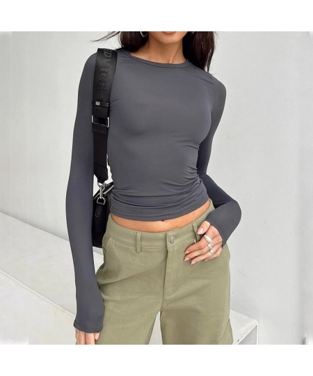 Women Long Sleeve T-Shirts Streetwear Casual Slim Fit Solid Spring Autumn Base Tees Female Pullovers Grey Fashion Y2K Tops $2...