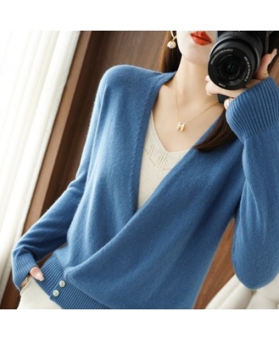 Winter Fashion Women Wool Blend Knitted Sweater V-neck Criss-Cross Cardigan Standard Cashmere Knitwear Sexy Warm Female Tops ...