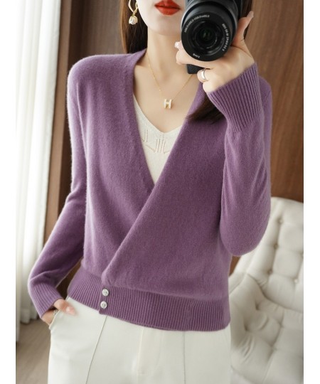 Winter Fashion Women Wool Blend Knitted Sweater V-neck Criss-Cross Cardigan Standard Cashmere Knitwear Sexy Warm Female Tops ...