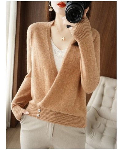 Winter Fashion Women Wool Blend Knitted Sweater V-neck Criss-Cross Cardigan Standard Cashmere Knitwear Sexy Warm Female Tops ...