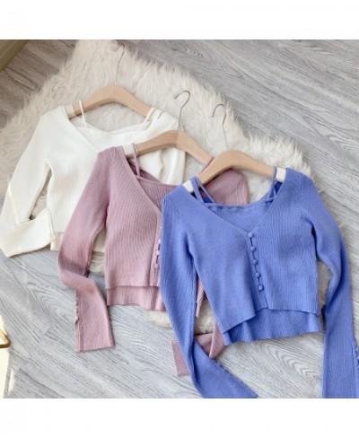 Kuzuwata Japanese Solid Color Slim V Neck Cardigan Vests Two-piece Suits 2023 Early Spring Sweet Outerwear Long Sleeve Top $7...