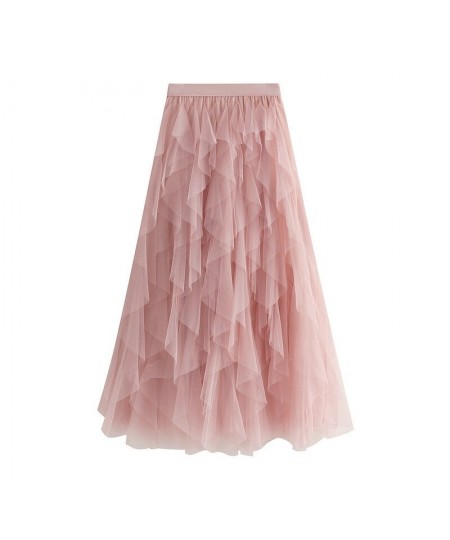 Mid Long Skirts Women Lolita Summer High Waisted Asymmetrical High Low Ruched Ruffle Skirts $38.53 - Skirts