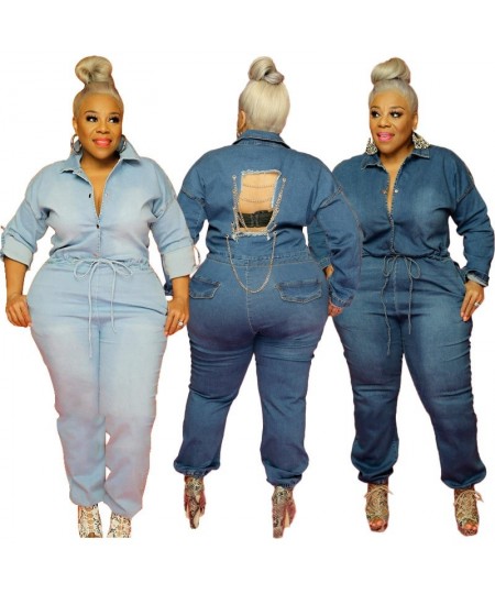 Plus Size Bottoms for Women Jumpsuits Rompers Fall Long Sleeve Sexy Backless Denim Overalls Jumpsuit Wholesale $56.89 - Plus ...