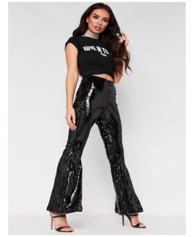 Women's Sequin Glitter Flare Pants Sequin Trousers for Female Party Slim High Waist Bell Bottom Long Pants Y2K Wide-Leg Pant ...