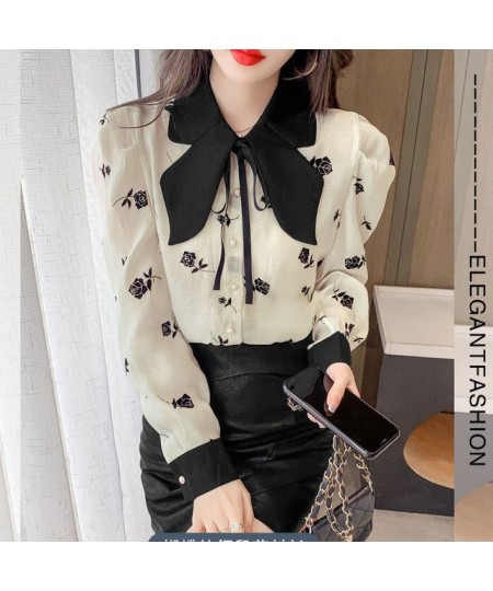 Womens Blouses 2023 New Elegant Shirts Chic Bow Floral Temperament Blusas De Mujer Sweet Puff Sleeve Chiffon Tops 99058 $35.8...