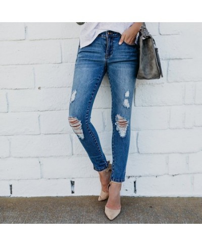 Summer denim jeans style high-waist irregular tight-fitting knee hole raw-edge ripped elastic feet pants women's jeans trend ...